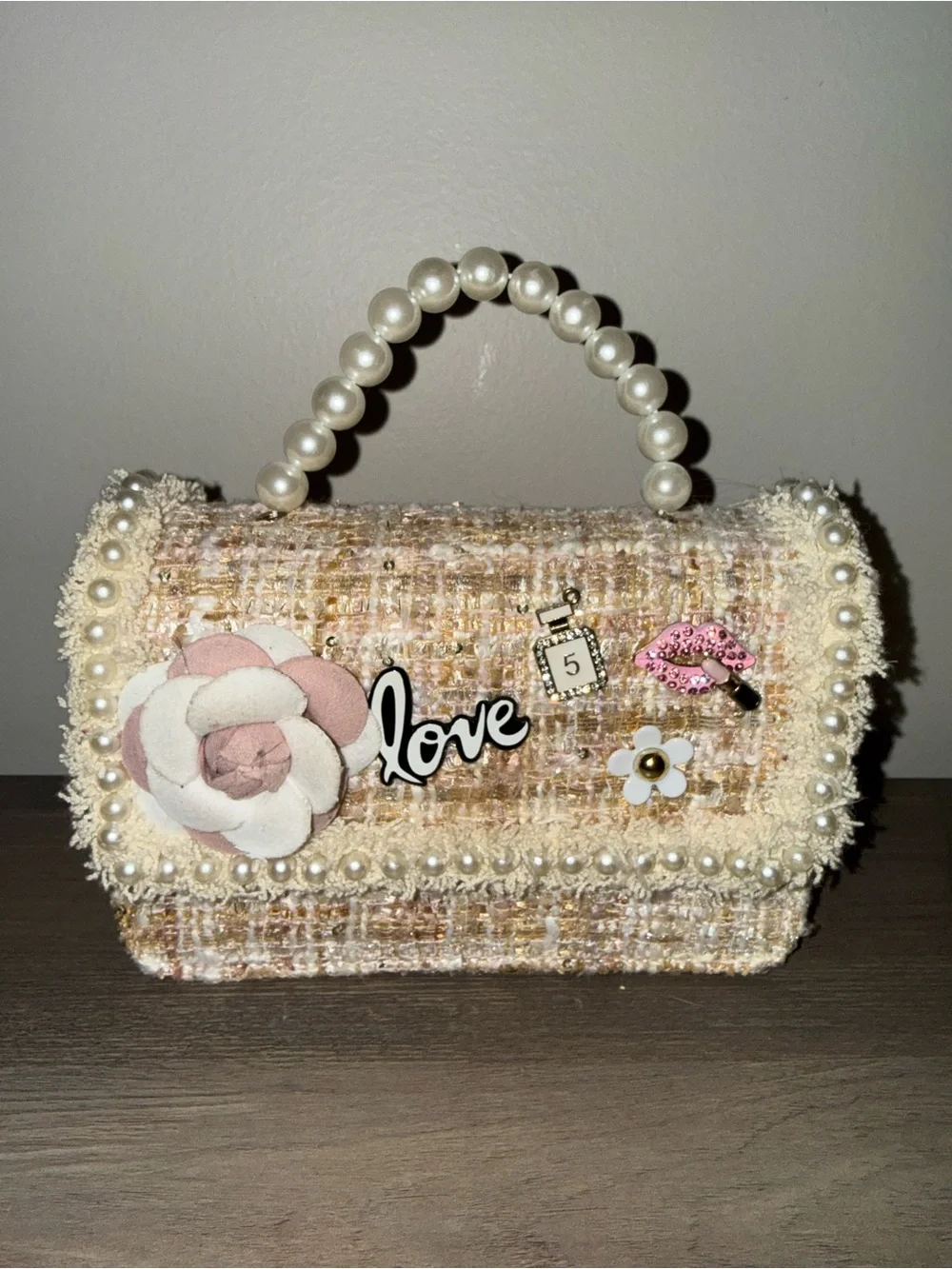 Pearl-Handle Pink Tweed Floral Accent Handbag